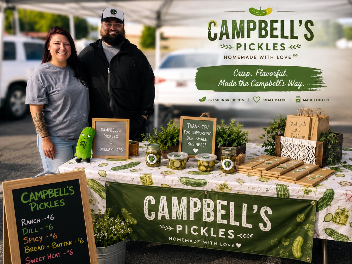 Two smiling vendors behind the Campbell's Pickles stand at a farmers market — a chalkboard flavor menu, a green Campbell's Pickles banner, and jars of pickles on a cucumber-print tablecloth